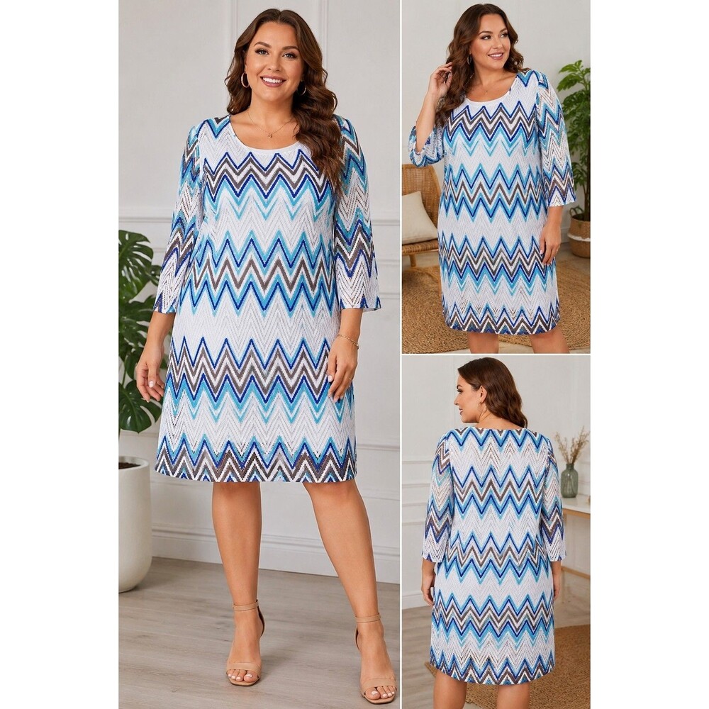 Perception Woman 2X Chevron Lace Overlay Shift Dress Blue White Plus Size Boho